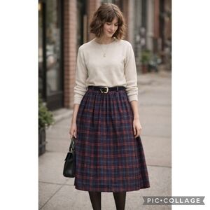 Vintage Plaid Navy Belted A-line Straight Midi Skirt Women's 10 USA Cricket Lane